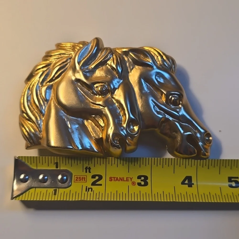 Vtg Doreen Ryan Belt Buckle Gold Double Horses Stallion Heads Equestrian Western